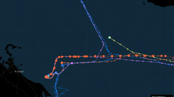 Navy blue map with many colored lines tracing ship routes across the sea, labeled 'Vessel History' in the legend.