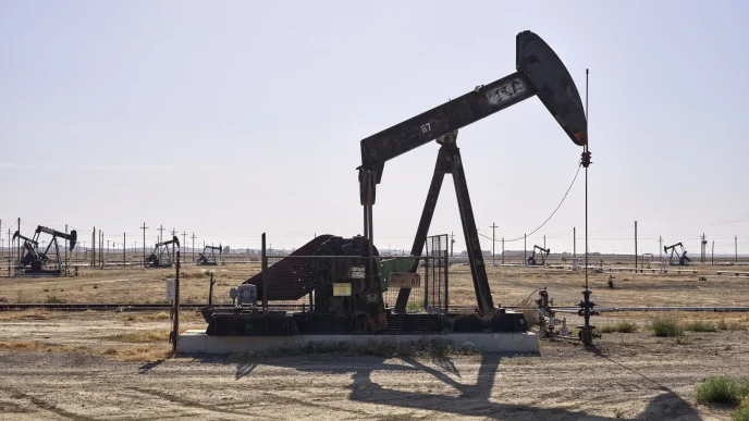 Oil pumpjack in an expansive oil field under a clear blue sky.