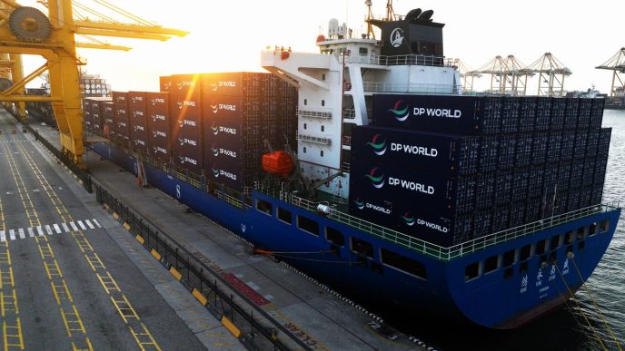 Large blue container ship docked at a port with stacked DP World cargo containers and yellow gantry cranes looming overhead.