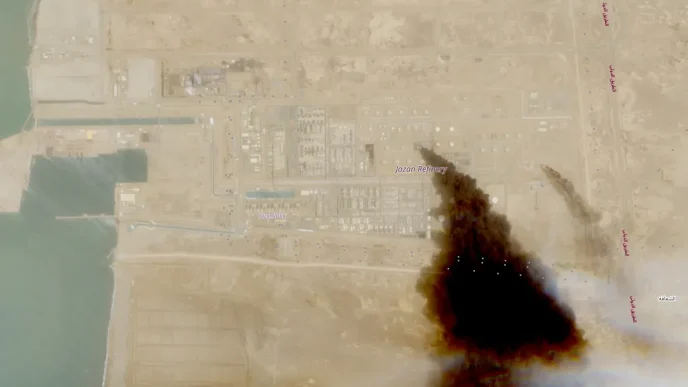 Aerial view of Jazan Refinery complex along the coast with a large dark smoke plume rising from the southeast area indicating a fire.