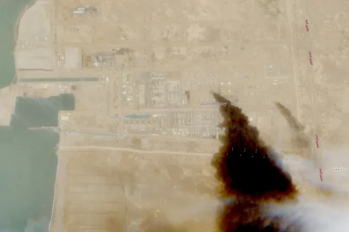 Aerial view of Jazan Refinery complex along the coast with a large dark smoke plume rising from the southeast area indicating a fire.