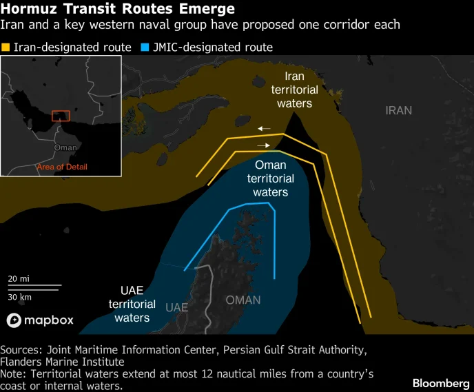 Map showing proposed Hormuz transit corridors: Iran-designated in yellow and JMIC-designated in blue, around Oman, UAE, and Iran waters with an inset highlighting a detail area.