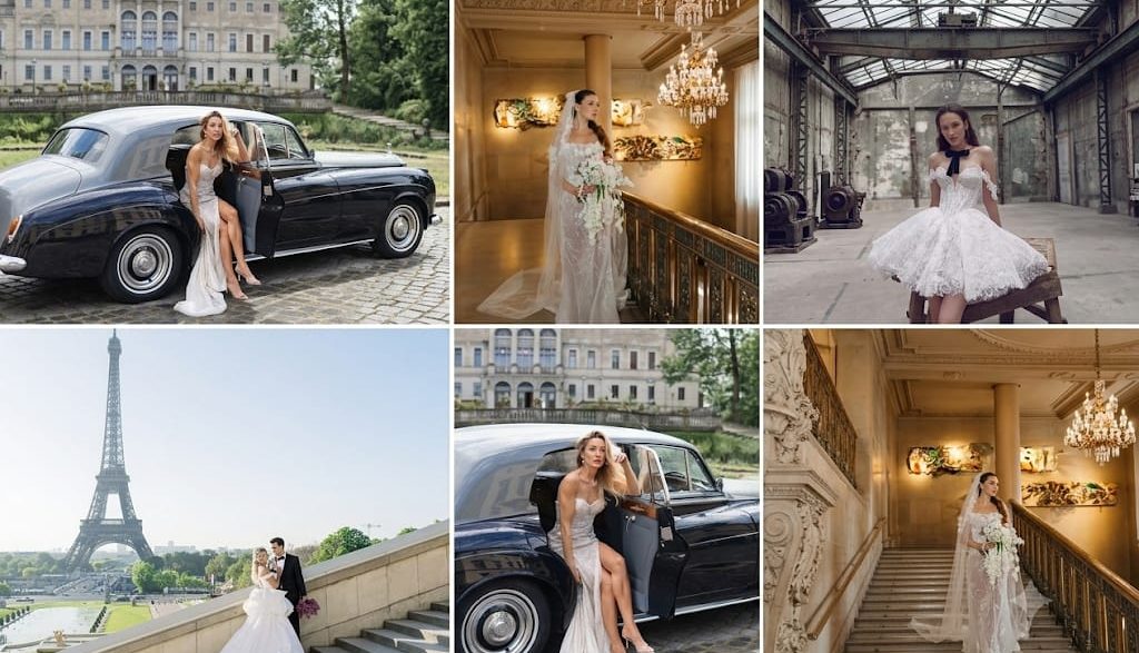 Six-shot wedding collage: bride in a white gown beside a vintage black car, grand interiors and a skylit industrial venue in the mix, plus a Paris Eiffel Tower backdrop with a couple.
