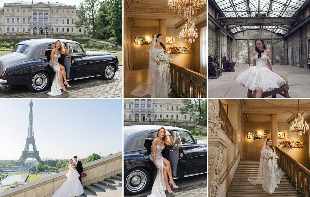 Six-shot wedding collage: bride in a white gown beside a vintage black car, grand interiors and a skylit industrial venue in the mix, plus a Paris Eiffel Tower backdrop with a couple.