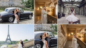 Six-shot wedding collage: bride in a white gown beside a vintage black car, grand interiors and a skylit industrial venue in the mix, plus a Paris Eiffel Tower backdrop with a couple.