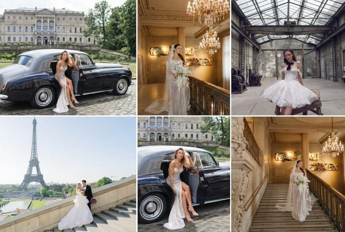 Six-shot wedding collage: bride in a white gown beside a vintage black car, grand interiors and a skylit industrial venue in the mix, plus a Paris Eiffel Tower backdrop with a couple.