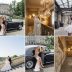 Six-shot wedding collage: bride in a white gown beside a vintage black car, grand interiors and a skylit industrial venue in the mix, plus a Paris Eiffel Tower backdrop with a couple.