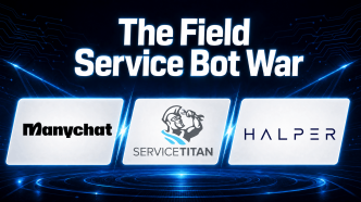 Banner with the title 'The Field Service Bot War' and three logo cards (ManyChat, ServiceTitan, Halper) on a blue tech background.