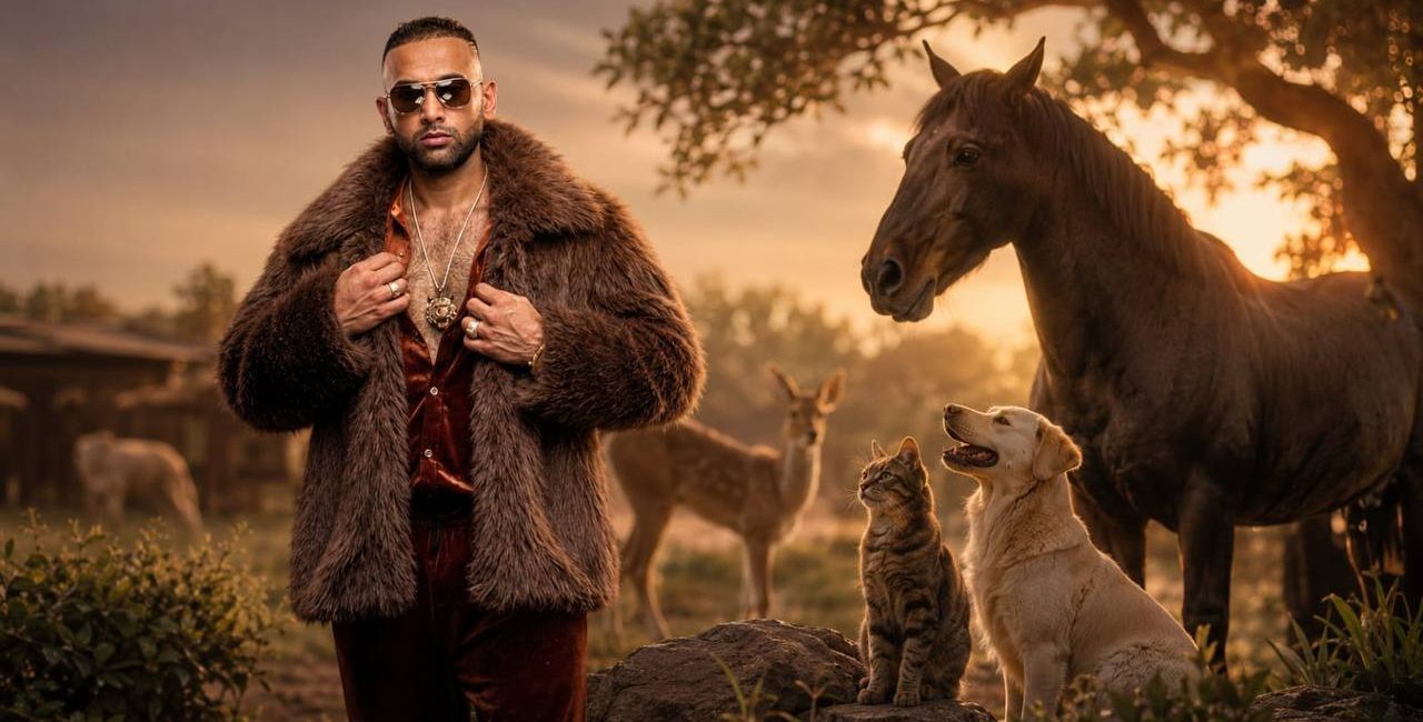 A man in a fur coat and sunglasses stands with a dog, a cat, and a horse in a sunset pasture.