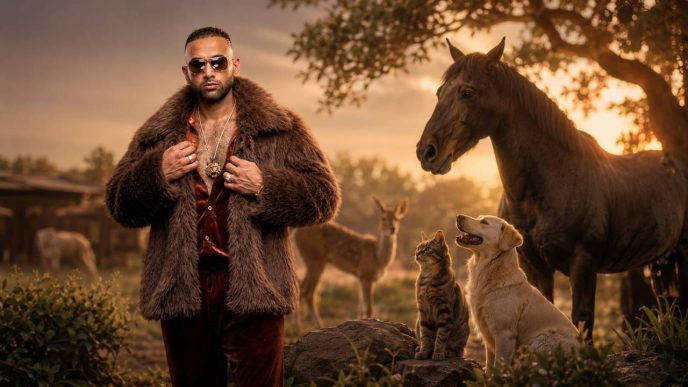 A man in a fur coat and sunglasses stands with a dog, a cat, and a horse in a sunset pasture.