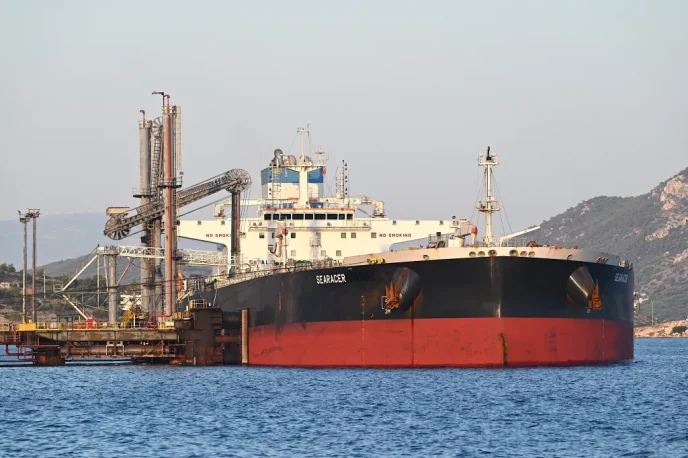 Large bulk carrier Searacer docked at a port with industrial loading equipment and hills in the background