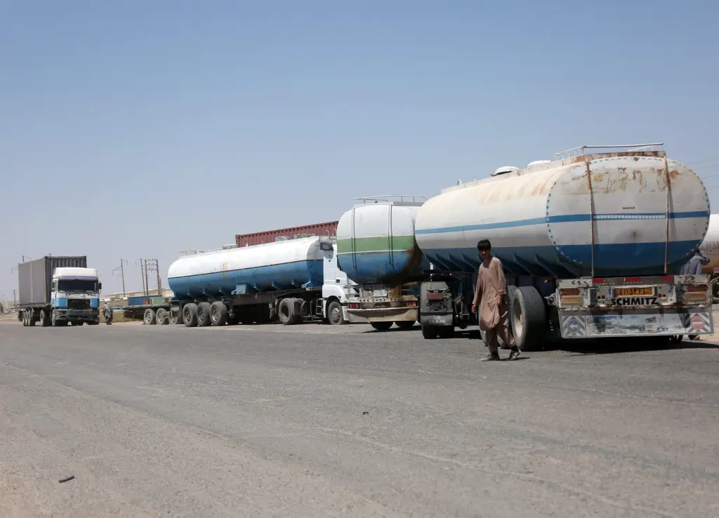 Fuel tanker trucks at an Iranian border crossing