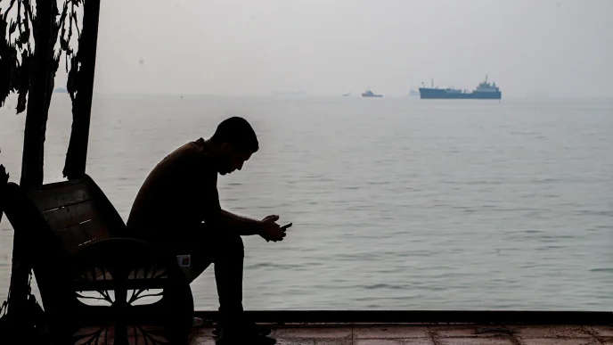 A man sits by the Persian Gulf as cargo ships pass in the distance