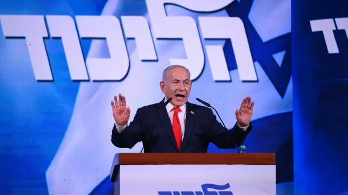 Benjamin Netanyahu speaking at a podium with raised hands at a Likud rally